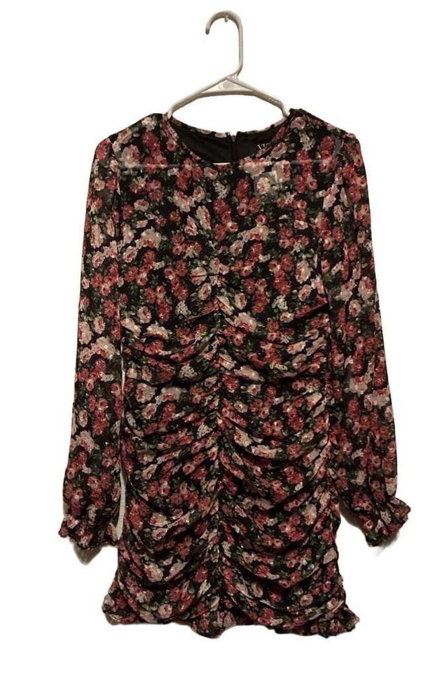 VICI Dress Medium Black Floral Long Sleeve Ruched Mini
